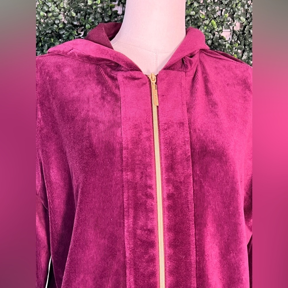 Susan Graver Velvet Burgundy Zip Up Hooded Sweater Jacket Cotton Size Large - Picture 2 of 13